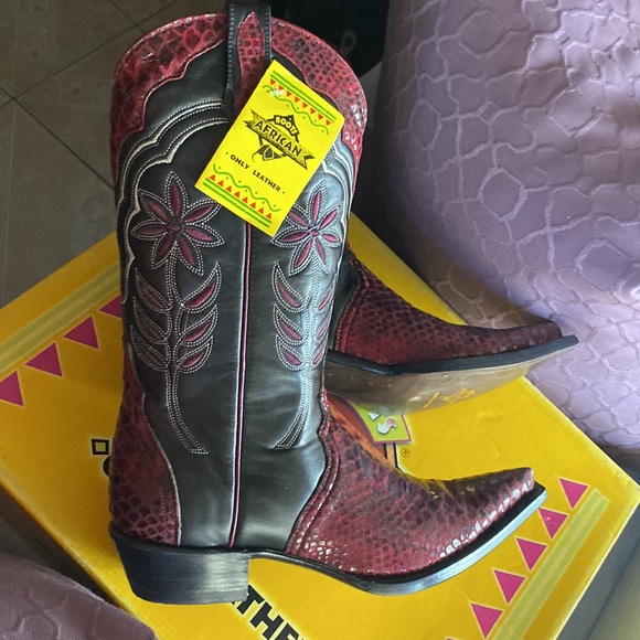 New python style leather cowboy western boot pointed toe Black Brgdy women 7.5 8 - Picture 3 of 9